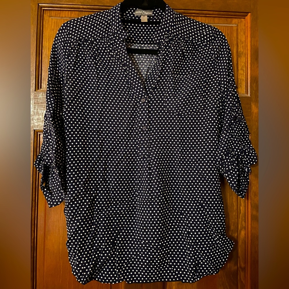 Market & Spruce Colibri Navy Blue Polka Dot Roll Tab Sleeve Blouse